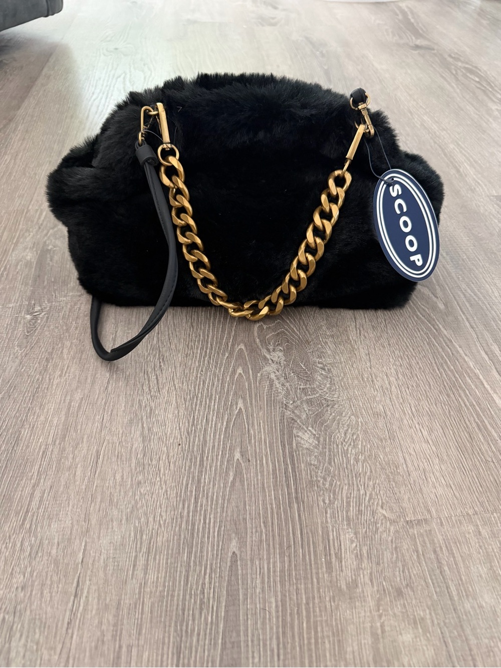 Scoop Black Faux-Fur Clutch Crossbody with Gold Hardware